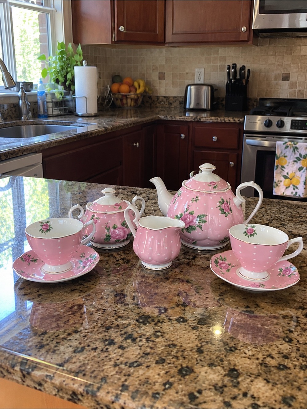BTaT Floral Tea Set which features a pastel pink polka dot and rose pattern.